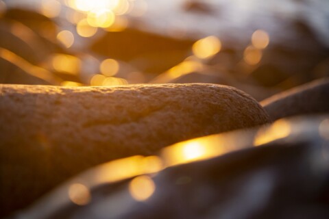 Beach stones and rocks closeup, sunset and sunrise