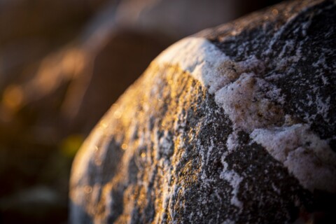 Stony beach stones and rocks sunlit in the evening closeup, texture sunset and sunrise